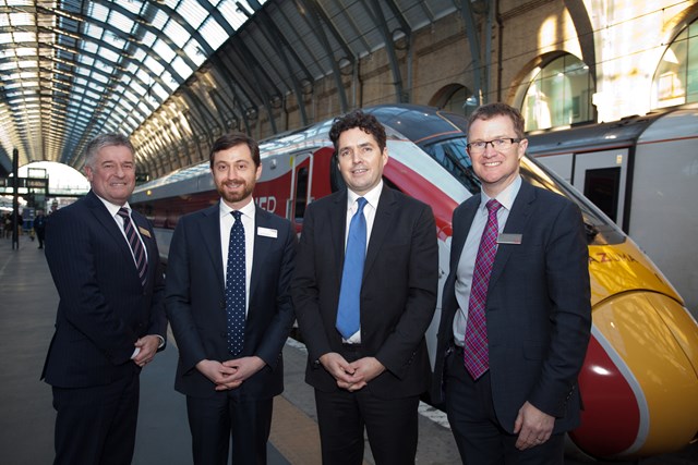 Rail Minister Huw Merriman visits the East Coast Digital Programme. From left to right: Paul Boyle, LNER; Toufic Machnouk, Network Rail; Huw Merriman, Rail Minister; David Horne, LNER: From left to right: Paul Boyle, LNER; Toufic Machnouk, Network Rail; Huw Merriman, Rail Minister; David Horne, LNER