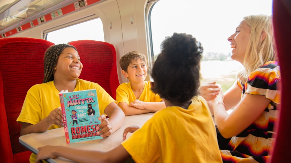 Sara Pascoe with children on LNER Azuma Train