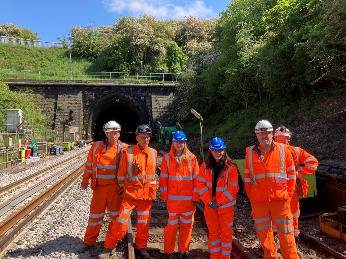 Councillor Charlotte Cupit with teams from Network Rail at Clay Cross tunnel