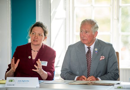 Dr Julia Aglionby, with then Prince Charles, Ambleside campus, April 2019