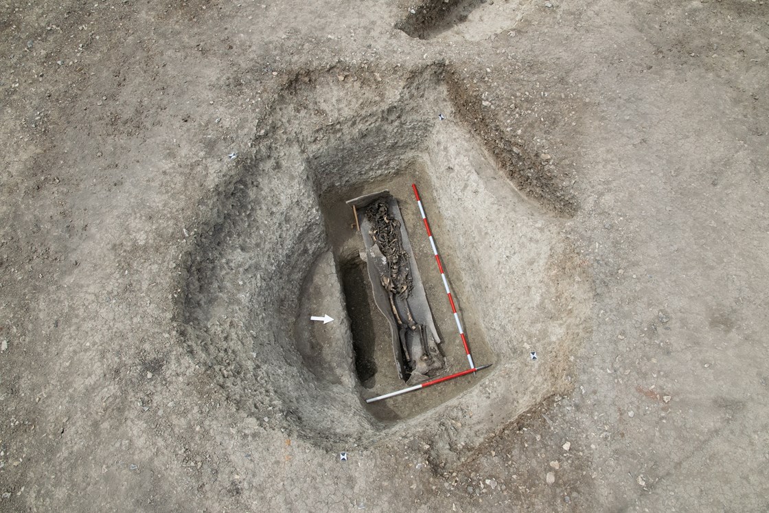 Roman burial in lead coffin horizontal July 2020: Credit: Infra Archaeology

At Wellwick Farm, archaeologists believe the Bronze Age and Iron Age saw the addition of some domestic occupation. In a square enclosure on the site, archaeologists discovered a skeleton in a coffin that was lined with lead, with the outer coffin likely made of wood.

Internal Asset No.  16775