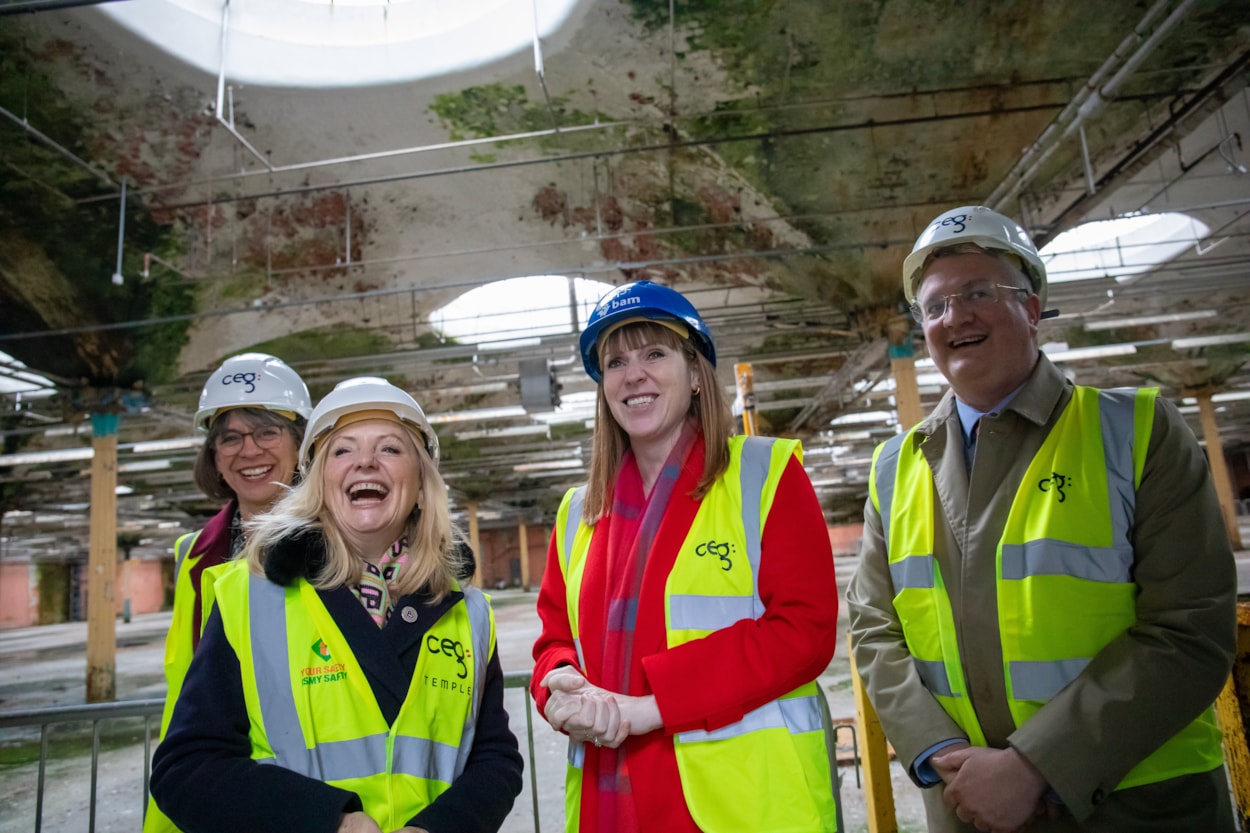 Temple 1: Left to right: British Library chief executive Rebecca Lawrence, Mayor of West Yorkshire Tracy Brabin, Deputy Prime Minister Angela Rayner and Leeds City Council leader Councillor James Lewis visit the Temple Works site on February 13, 2025. Credit: Simon Walker/Deputy Prime Minister's Office.