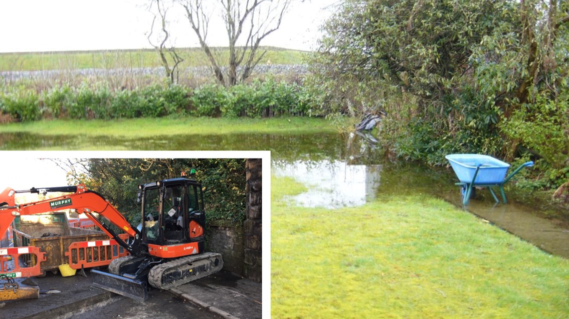 Railway engineers help solve flooding mystery for residents: Composite of flooded Audenshaw gardens