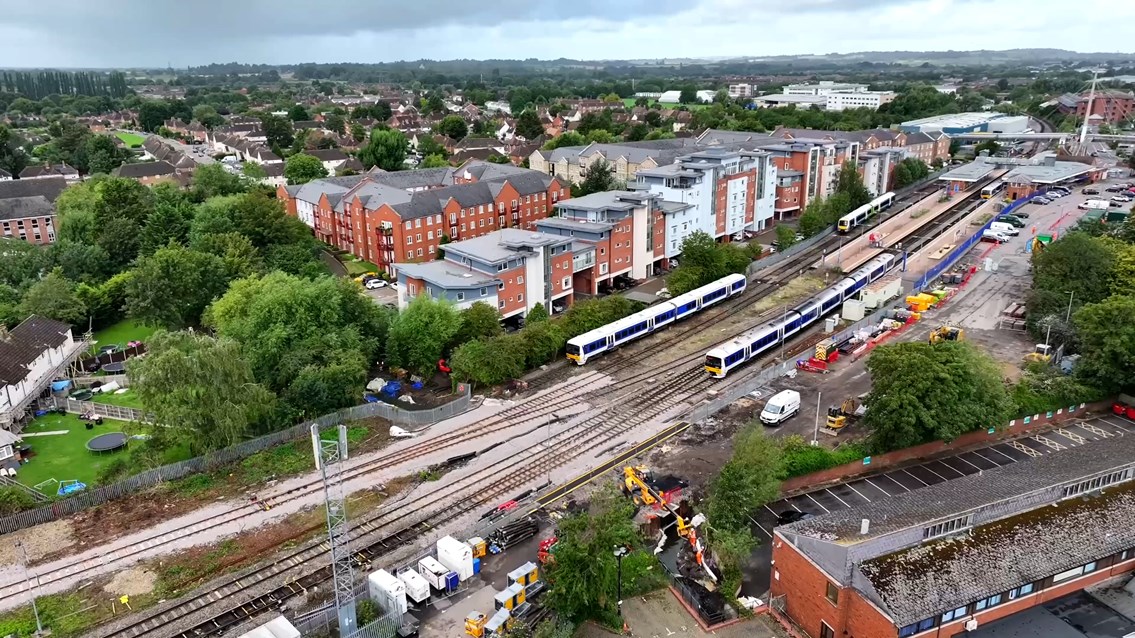 Aerial shot of reopened railway in Aylesbury 21 August 2023