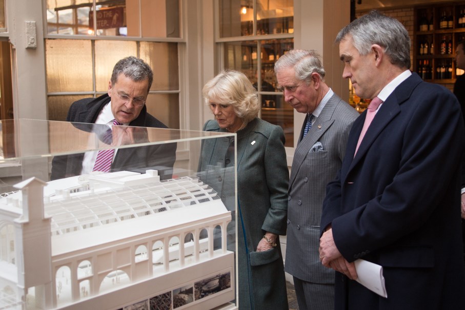 Royal visit: Left to right: John McAslan, the Duchess of Cornwall, the Prince of Wales, Robin Gisby

Photo taken in the Parcel Yard public house at King's Cross station, as the group examine a scale model replica of King's Cross station