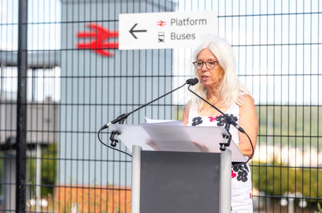 Cllr Jacqi Hodgson, Cabinet Member for Climate Change and Biodiversity from Devon County Council, speaks as Okehampton Interchange opens- Credit: Devon and Cornwall Rail Partnership