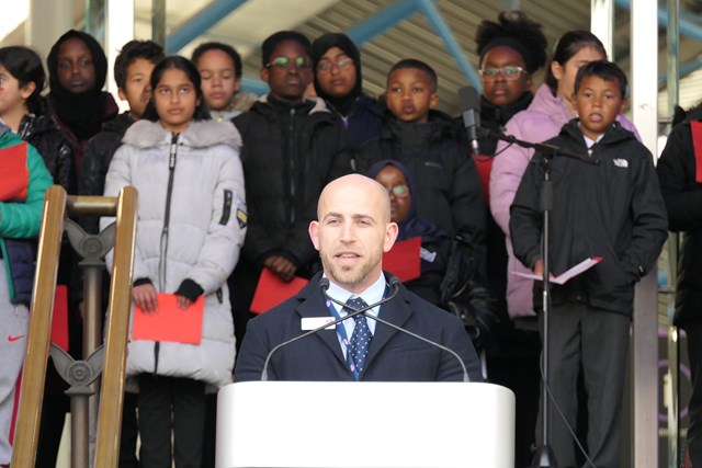 Victory Arch Rededication-3: Waterloo station manager Cem Davis at the rededication of  Victory Arch, London Waterloo