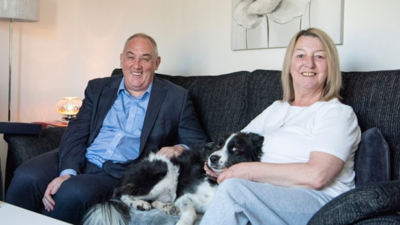 Ferguslie Park residents welcome Scottish Housing Minister to new homes: Tannahill Housing Development - L- R - Scottish Housing Minister Paul McLennan, Angela Telford with Angela's dog