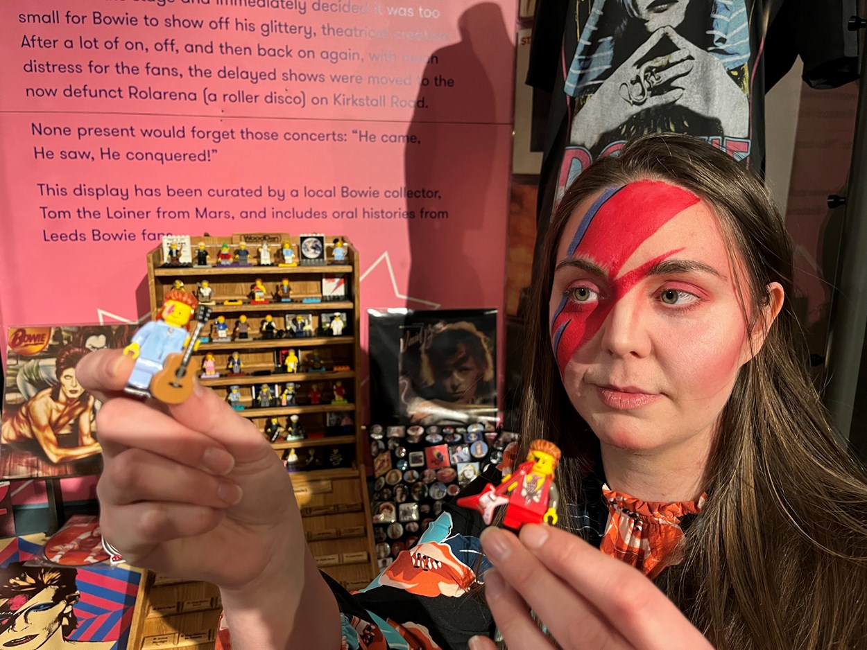 Bowie display at Leeds City Museum: Sapphia Cunningham-Tate, Leeds Museums and Galleries assistant community curator with specially created Lego figurines, each one capturing in minute detail one of the many changing faces adopted by the iconic singer, songwriter and actor David Bowie.