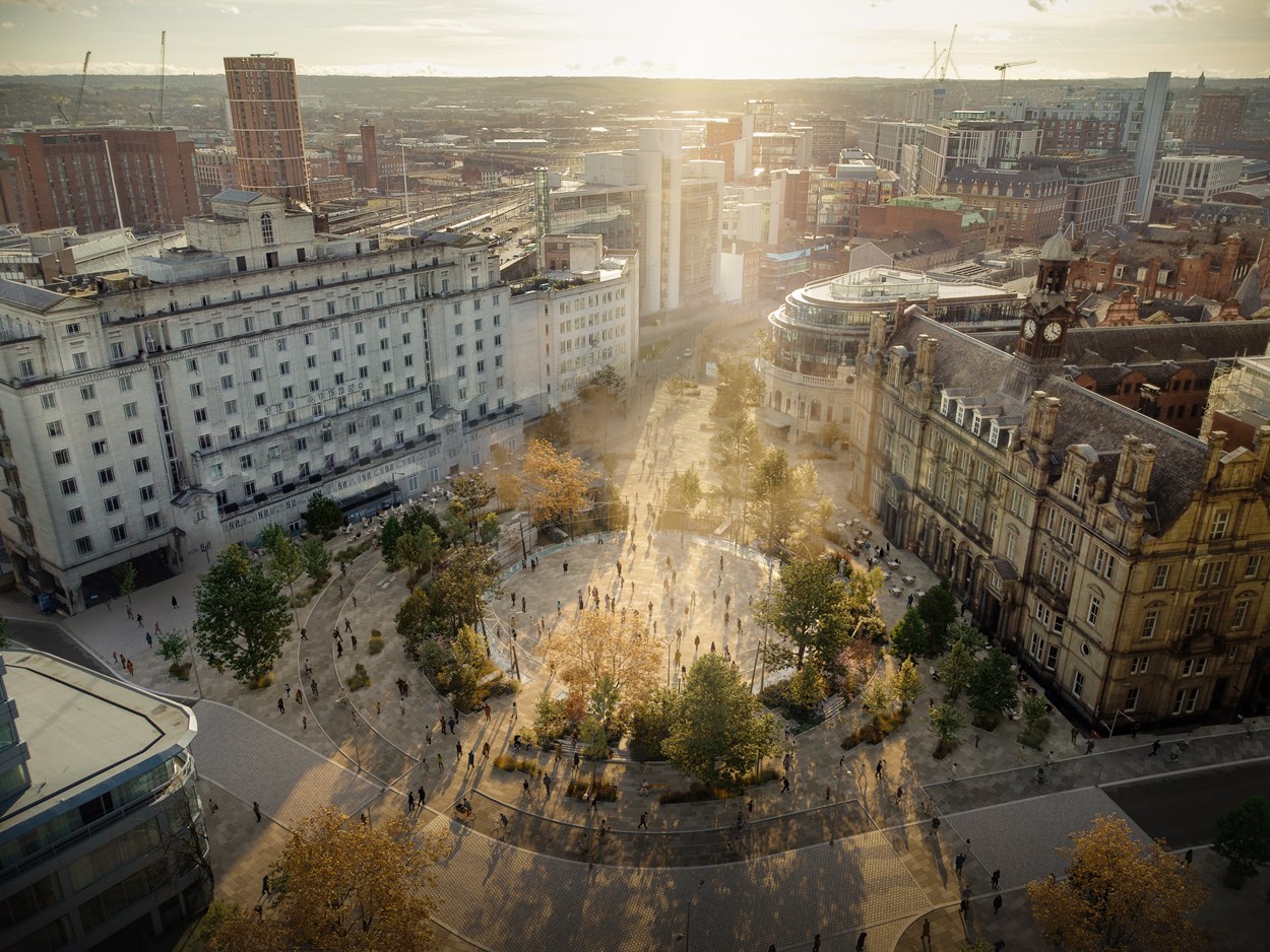 City Square, daytime concept image: Image produced as part of initial concept work on plans for transformation of City Square in Leeds.