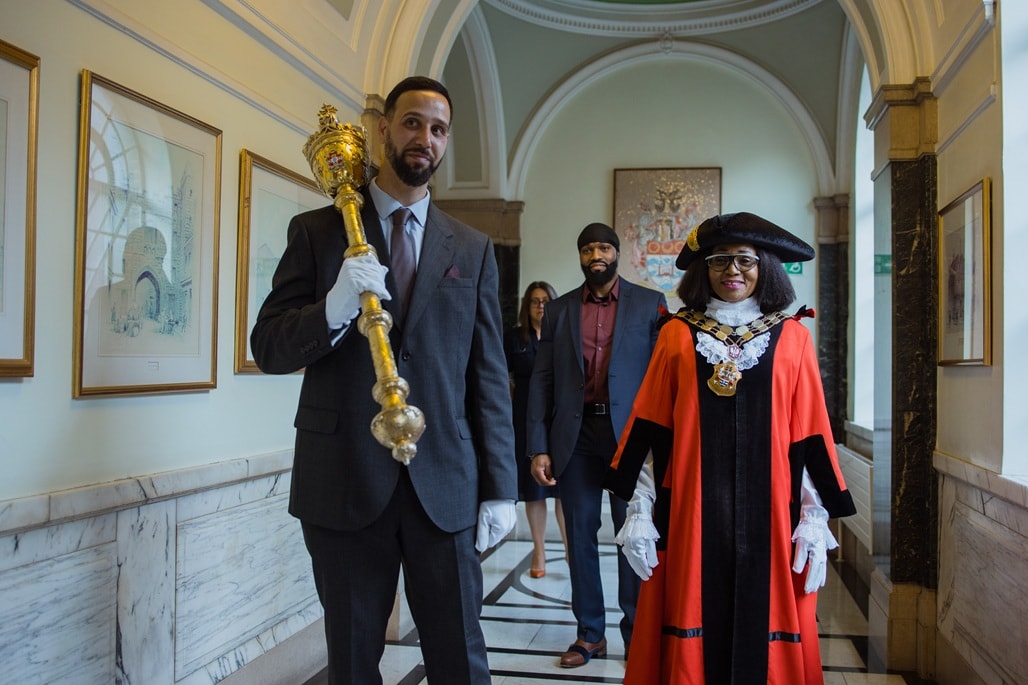 Mayor of Islington Cllr Ogunro walks towards the Council Chamber at Annual Council 2026