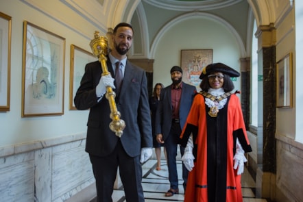 Mayor of Islington Cllr Ogunro walks towards the Council Chamber at Annual Council 2026