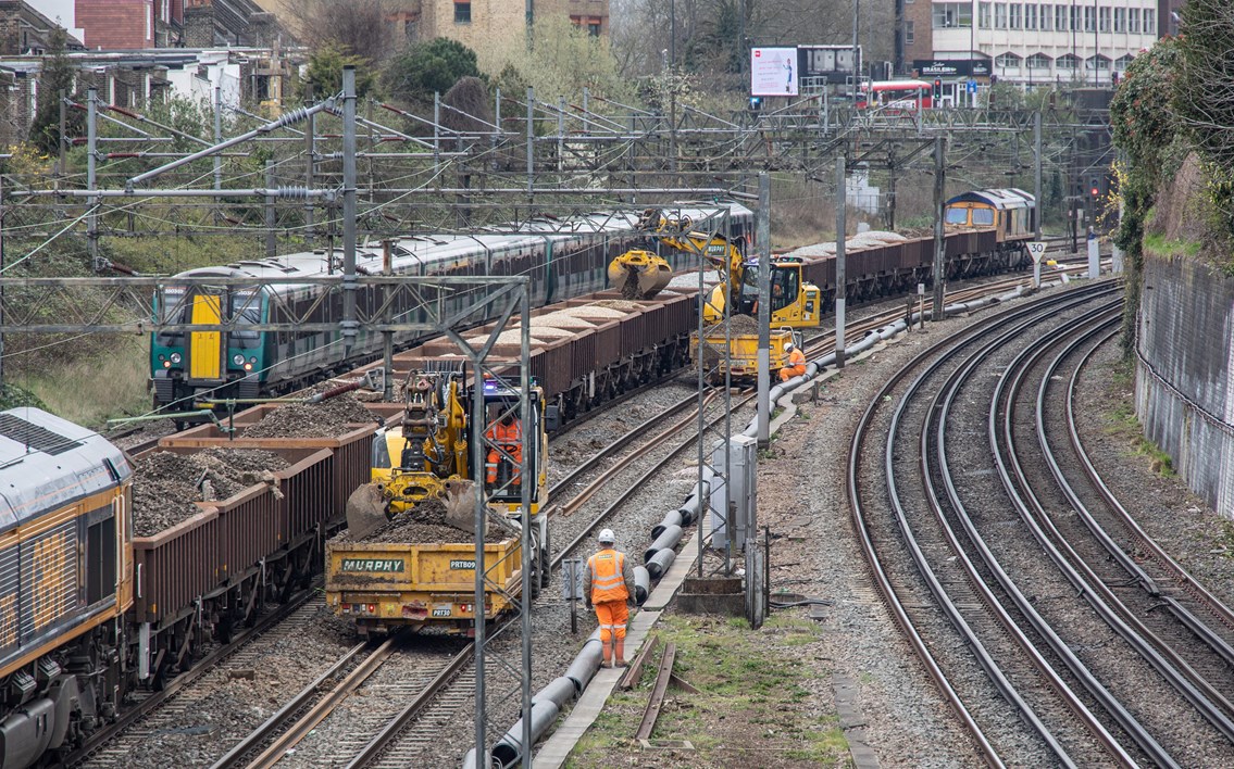 Engineering train removing old ballast at Willesden during March 2021 upgrade