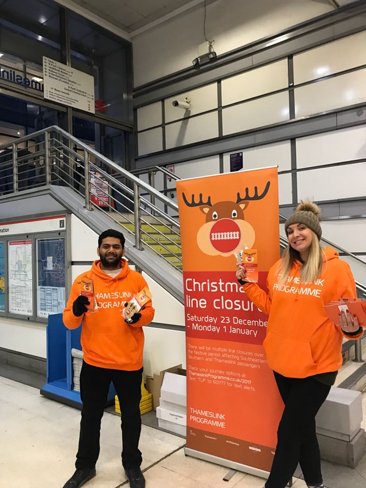 ReindeeratCityThameslink station: On 21 November, passengers at City Thameslink station received gingerbread reindeer to remind them of Christmas closures due to the Thameslink Programme.