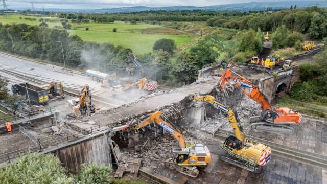 Network Rail thanks motorists as M62 reopens after weekend closure: Drone image of the demolition of Castleton bridge