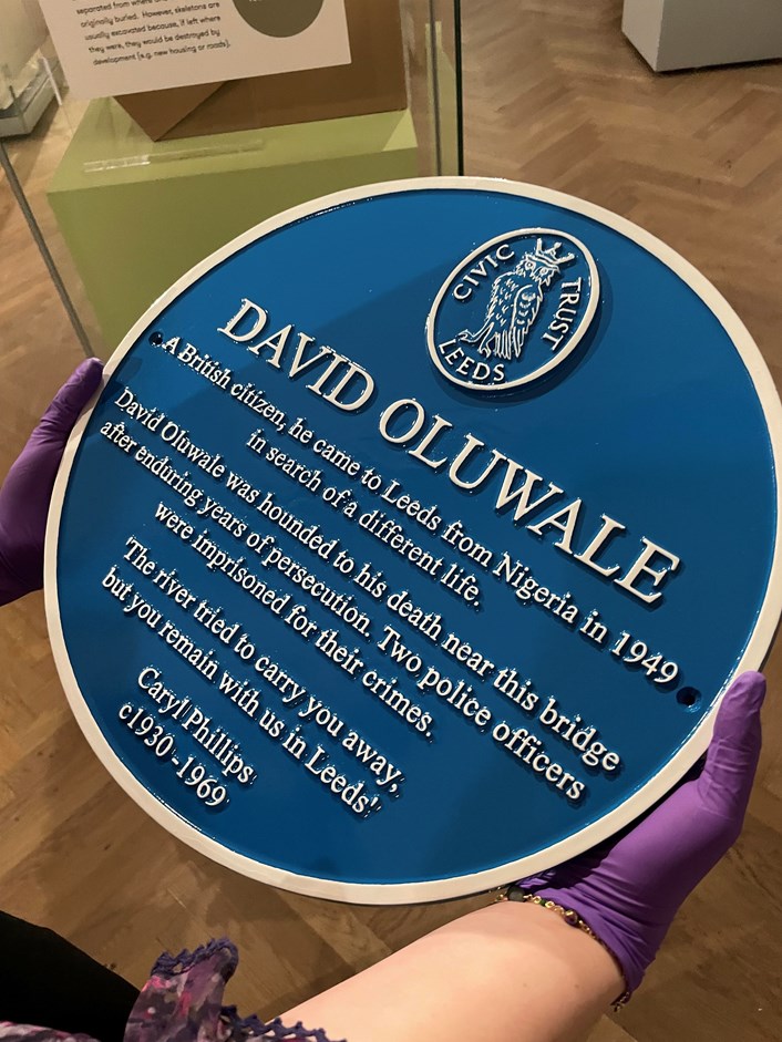 Overlooked: The replica of David Oluwale's blue plaque, on display in Overlooked at Leeds City Museum.