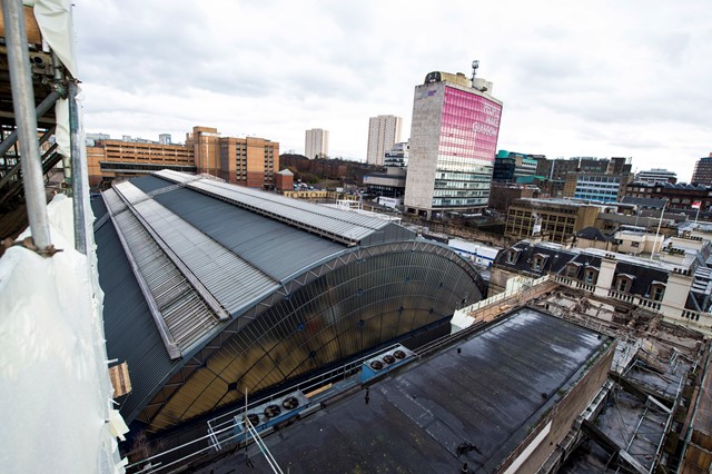 New landmark for Glasgow on track at Queen Street: Glasgow Queen Street - Consort House demolition (listed stn roof, from Consort House)