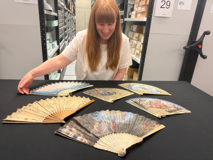 Antique fans: Curator Natalie Raw with a selection of some of the 400 antique fans cared for at Leeds Discovery Centre.
Mostly dating from the 18th and 19th centuries, many of the fans’ elaborate designs portray scenes of love taken from Greek or Roman mythology, colourful birds or Far Eastern imagery and were once a must-have accompaniment to any lady’s outfit in high society.