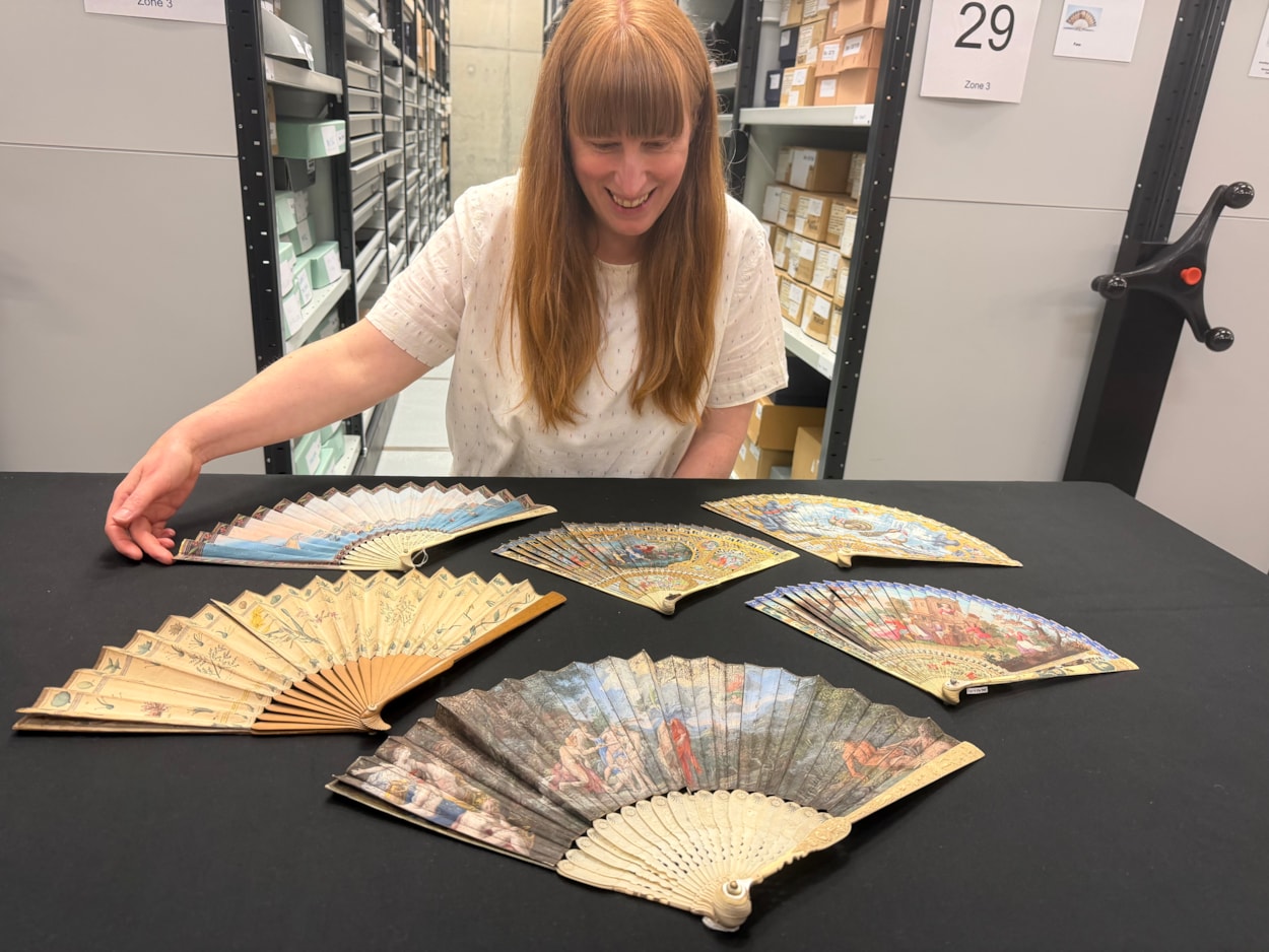Antique fans: Curator Natalie Raw with a selection of some of the 400 antique fans cared for at Leeds Discovery Centre.
Mostly dating from the 18th and 19th centuries, many of the fans’ elaborate designs portray scenes of love taken from Greek or Roman mythology, colourful birds or Far Eastern imagery and were once a must-have accompaniment to any lady’s outfit in high society.