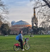 Martin Kemble’s shot of his partner Marisa Penagos on a Santander Cycle with the historic Royal Albert Hall: Martin Kemble’s shot of his partner Marisa Penagos on a Santander Cycle with the historic Royal Albert Hall