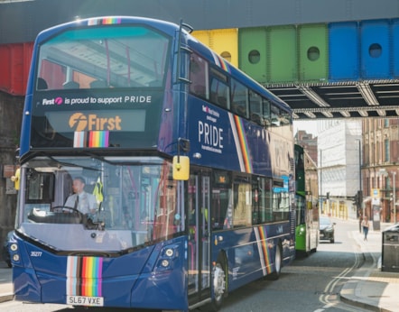 First Pride bus in Leeds city centre crop