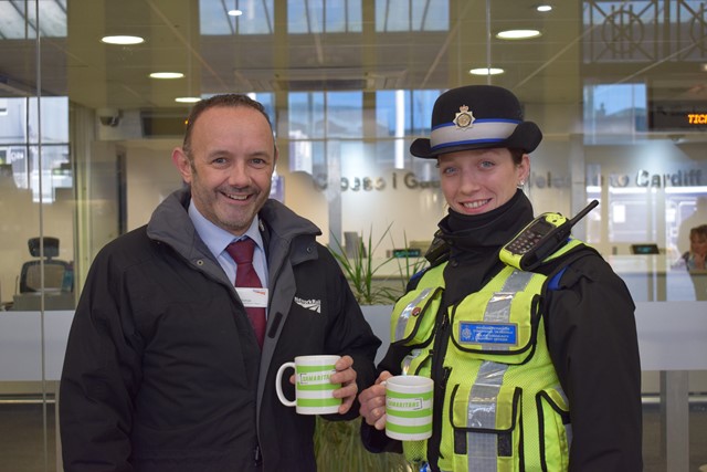Rail staff will supporting the Samaritans' Brew Monday campaign: Andy Thomas, route managing director for Network Rail in Wales and Borders with Charlotte Spear, PCSO for British Transport Police will be supporting Brew Monday on 15 January.