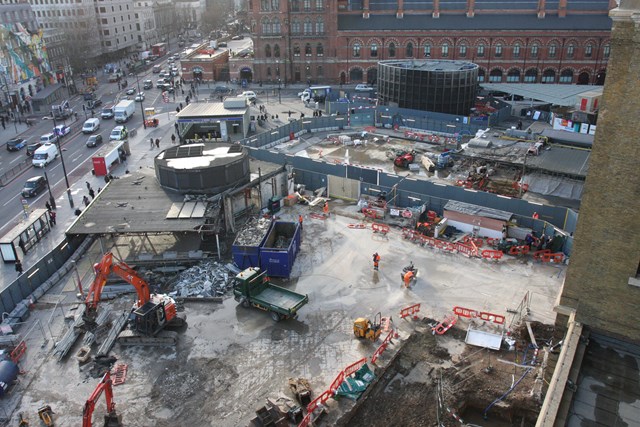King's Cross Square worksite, showing foundation holes for new canopy: King's Cross Square worksite, from the Western tower , showing foundation holes for new canopy