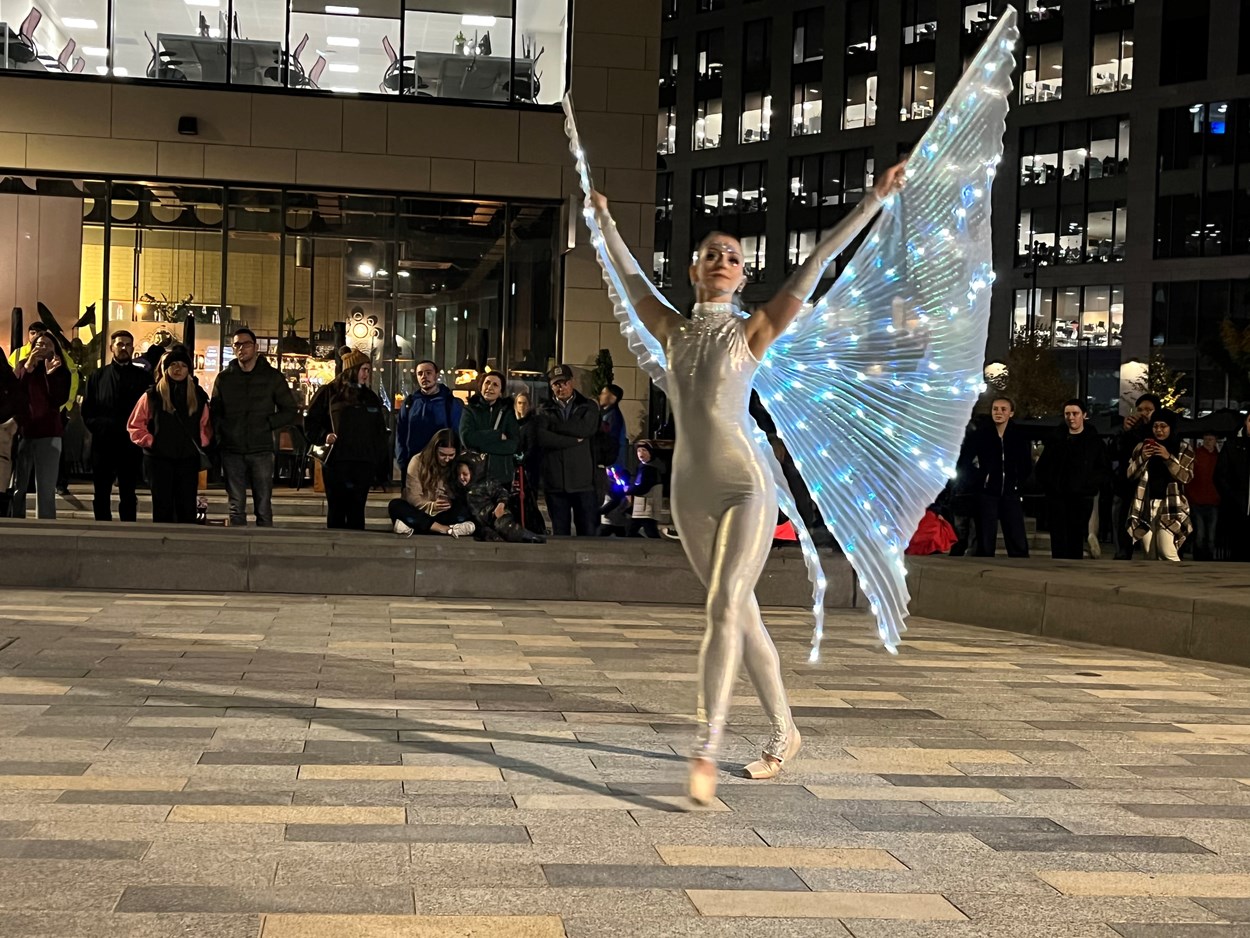 Light Night 2022: LED Winged Ballerinas perform at Wellington Place one of 50 stunning illuminated installations which transformed Leeds city centre during one of the country's biggest annual arts events.