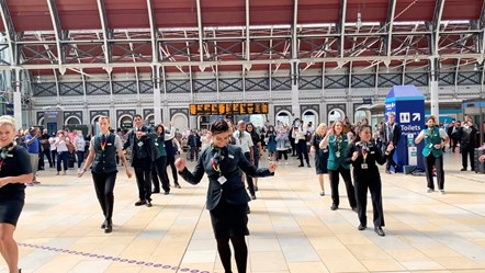 Colleagues performing the Jerusalema Dance Challenge at London Paddington station