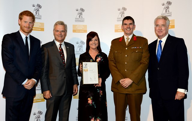 Employer Recognition Scheme Gold Award presentation Oct 17: Pictured (from l-r) HRH Prince Harry, Mark Carne, Leanne Wood, Defence Engagement Manager; Darin Gray, Principal Conformance Engineer at Network Rail and he is the Corps Colonel for the Royal Engineers in the Reserve Forces, The Rt Hon Sir Michael Fallon MP