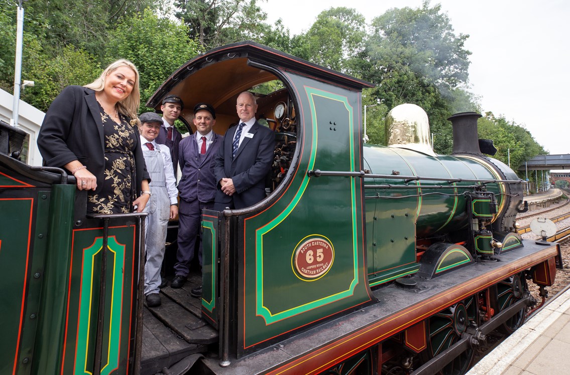 Celebration as new lifts and footbridge at East Grinstead station in West Sussex steam into use, with step-free access for everyone: East Grinstead Access for All, Mims on the footplate