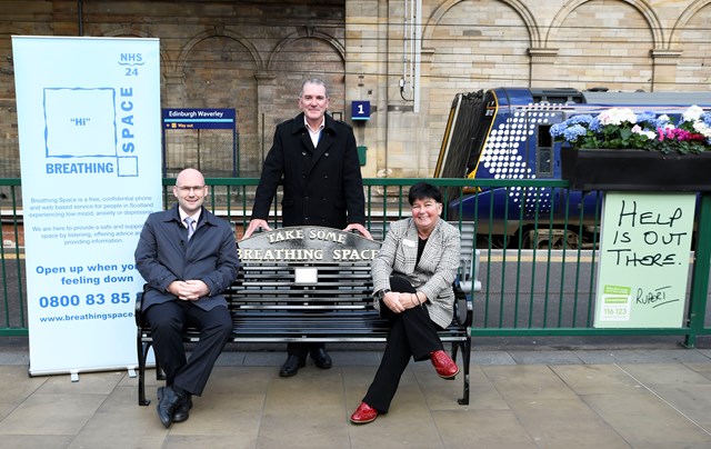 Edinburgh Waverley welcomes a Breathing Space on World Mental Health Day: Waverley Breathing Space bench - Scott Dryden, left, Tony McLaren, centre, and Juliet Donnachie.