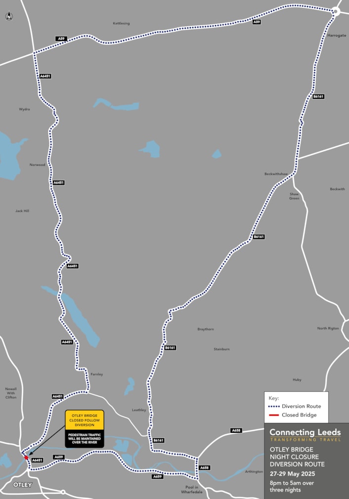 Otley bridge diversion map 27 May 2025: Otley bridge diversion map 27 May 2025