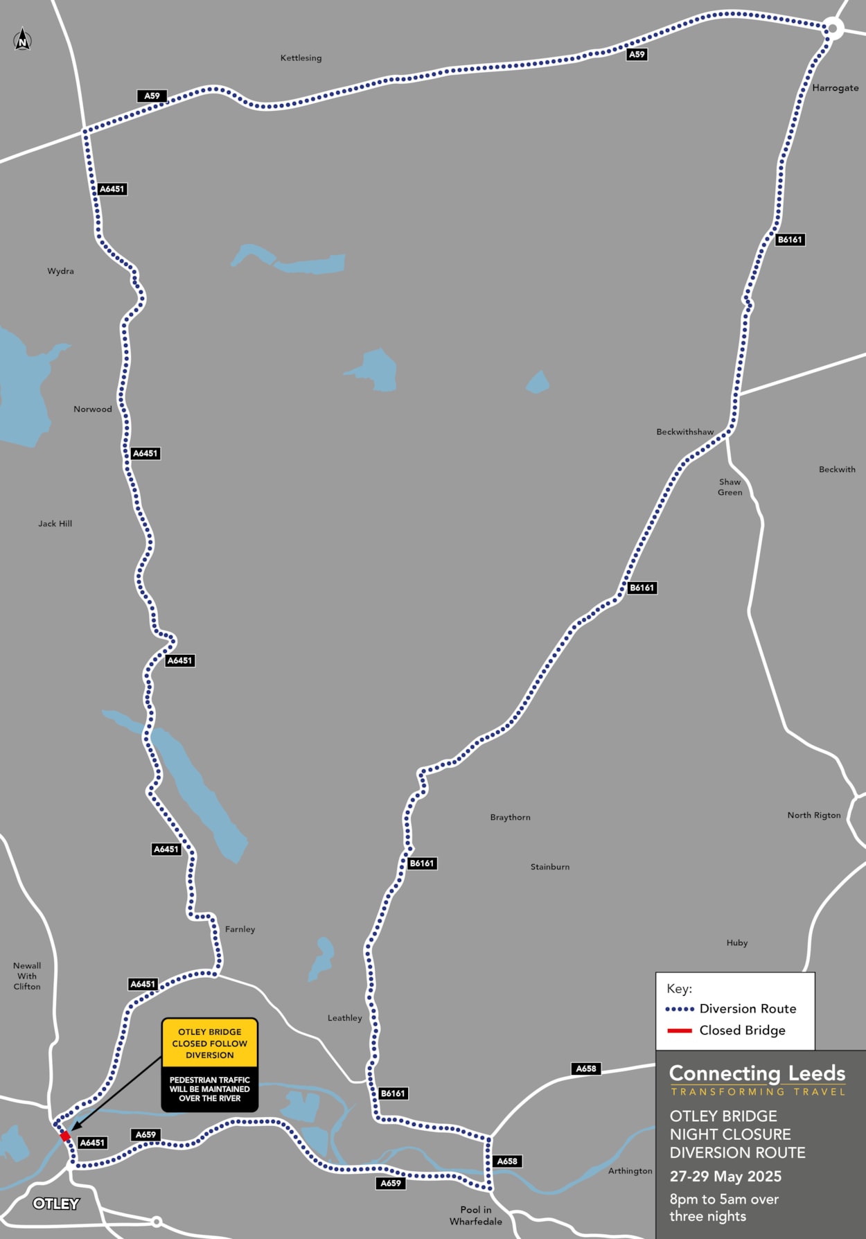 Otley bridge diversion map 27 May 2025