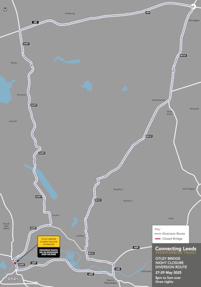 Otley bridge diversion map 27 May 2025