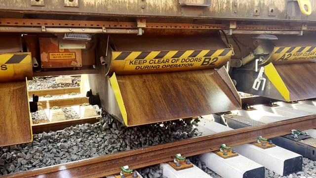 New ballast being laid during Trent Valley line track upgrade October 2022