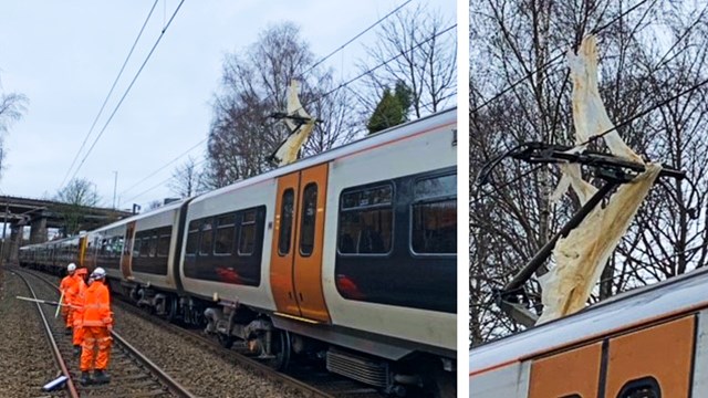 Plastic sheet on 25,000 volt power lines delays Birmingham to Lichfield trains: Plastic sheet on overhead lines Cross City line composite