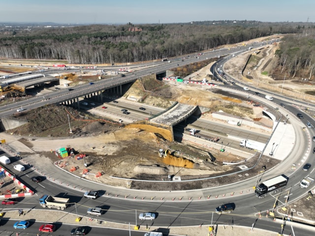 M25 J10 gyratory 1: An aerial shot of the old gyratory bridge at M25 J10 that will be demolished this weekend