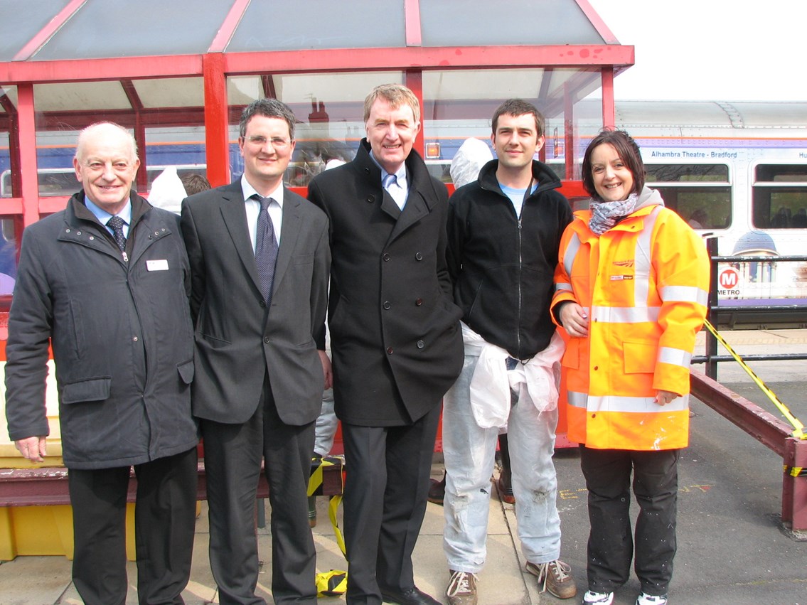 Activity at Micklefield station: L-R Phil Thickett from Northern Rail; Councillor James Lewis; Colin Burgon MP; James Barton reparation co-ordinator from Leeds YOS; Vicki Smith community safety manager from Network Rail visit Micklefield station where young offenders are completing reperation work