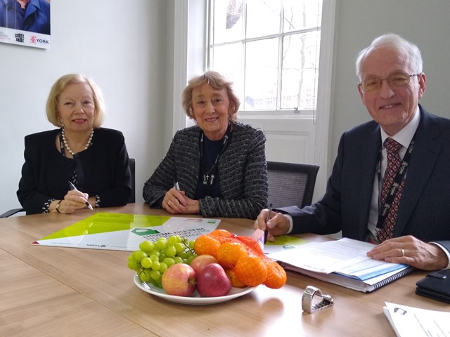Healthy weight signing: Sharon Stoltz, Director for Public Health signs the healthy weight declaration with Cllr Carol Runciman, Executive Member for Health and Adult Social Care and Cllr Ian Cuthbertson, Executive Member for Children and Young People.