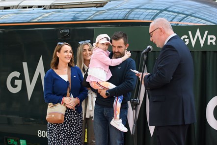 Freya Bevan with parents Katherine and Paul, sister Olivia and GWR Assistant Station Manager Adam Field