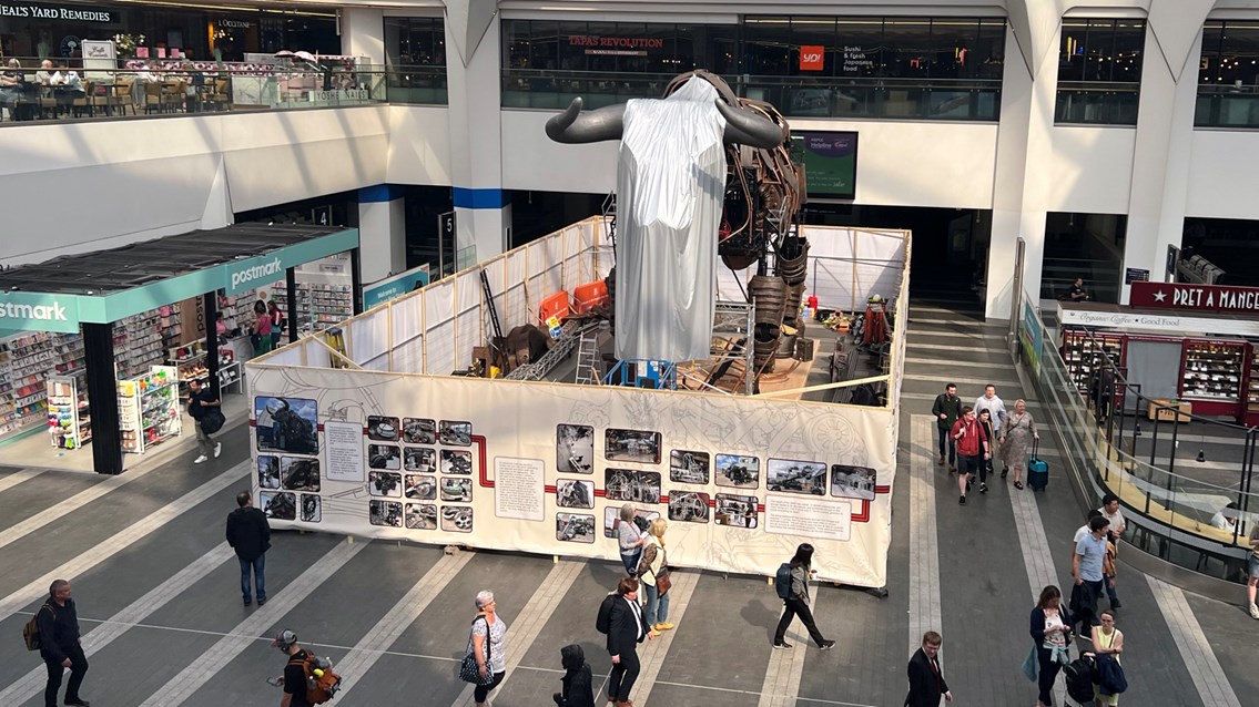 Ozzy under his temporary veil while under construction at Birmingham New Street station (1)