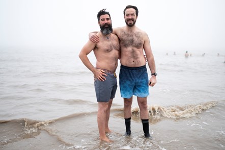 James Tennet (right) is a member of the public who applied for bathing water status for Penarth beach after joining cold water swim group, Dawnstalkers, co-founded by Grant Zehtmayer (left) after feeling a need to break out from the repression of lockdown. Dawnstalkers meet every day for a sunrise s