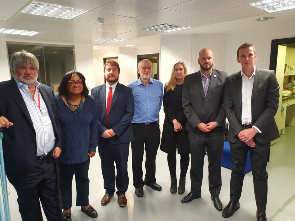 (L to R) Ian Marchant, Thames Water Chairman, Diane Abbott MP, Cllr Andy Hull, Jeremy Corbyn MP, Cllr Caroline Selman, Philip Glanville and Steve Spencer, Thames Water Chief Operating Officer