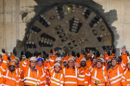 Close up of HS2 staff, engineers and tunnellers celebrate the breakthrough of TBM Elizabeth at Washwood Heath Oct 2025