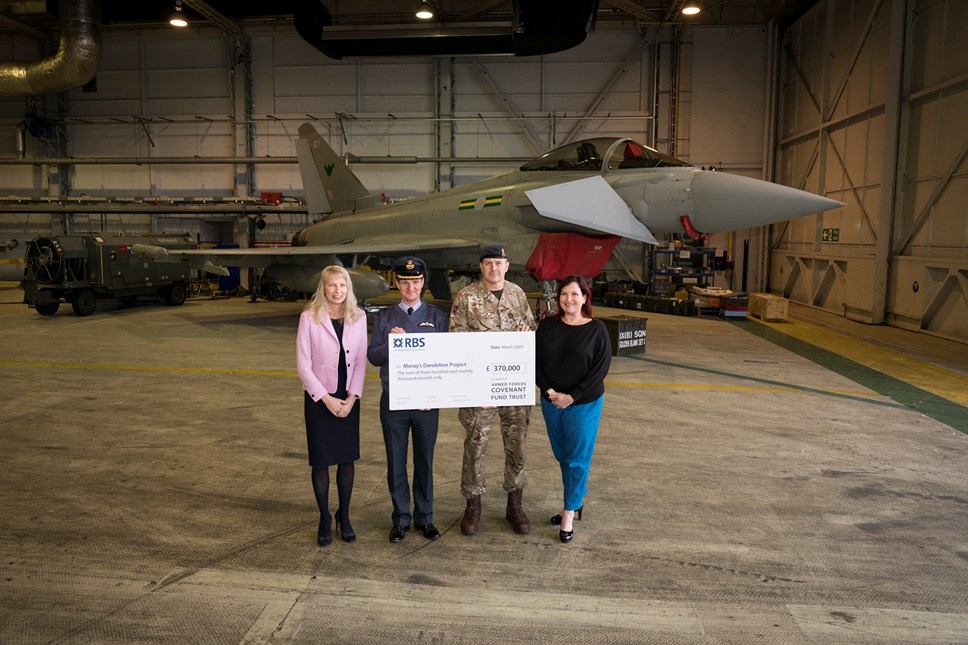 Left to right: Lindsey Stanley (Moray Council), Group Captain Jim Walls (RAF Lossiemouth), Lt Col Gus Thompson (39 Engineer Regiment), Sarah Riley-Evans (RAF Lossiemouth, Project Leader). All are stood in front of one of IX(B) Squadron’s Typhoons.

Pic courtesy of RAF Lossiemouth.