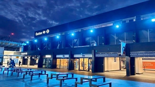 Stations turn blue as NHS turns 72: Euston station lit up blue for Clap for Carers (1)