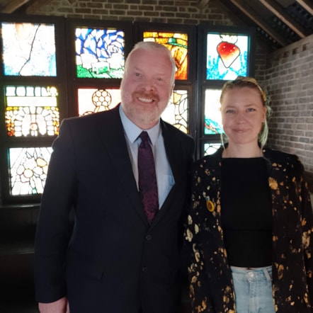 Councillor Damian Corfield with glass artist and co-founder of Blowfish Glass, Bethany Wood