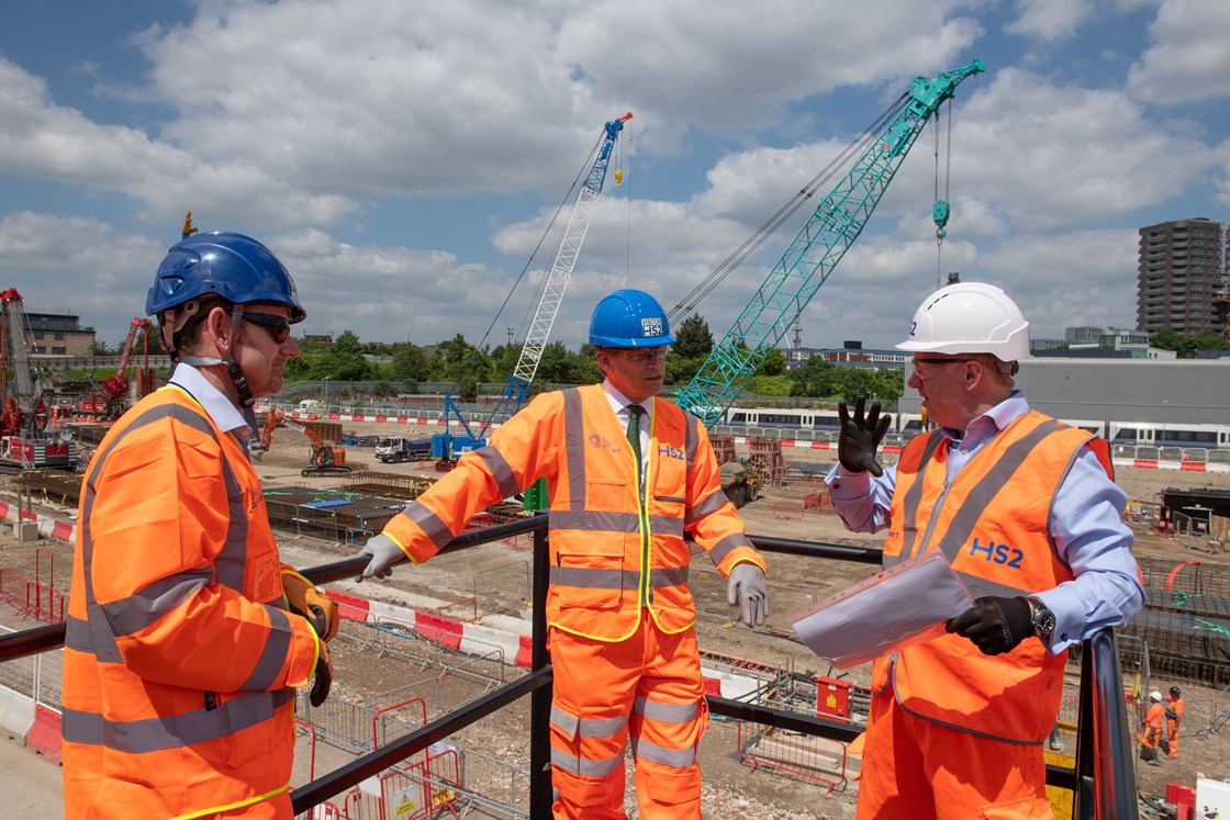 Old Oak Common Start of Construction event: Transport Secretary Grant Shapps meets Mark Thurston and Matthew Botelle before signaling the start of main construction work on HS2's Old Oak Common station