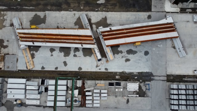 Irish trial assemblies complete as huge railway bridge sets sail for Stockport: Aerial drone shot of two thirds of Greek Street railway bridge during assembly trials in Ireland